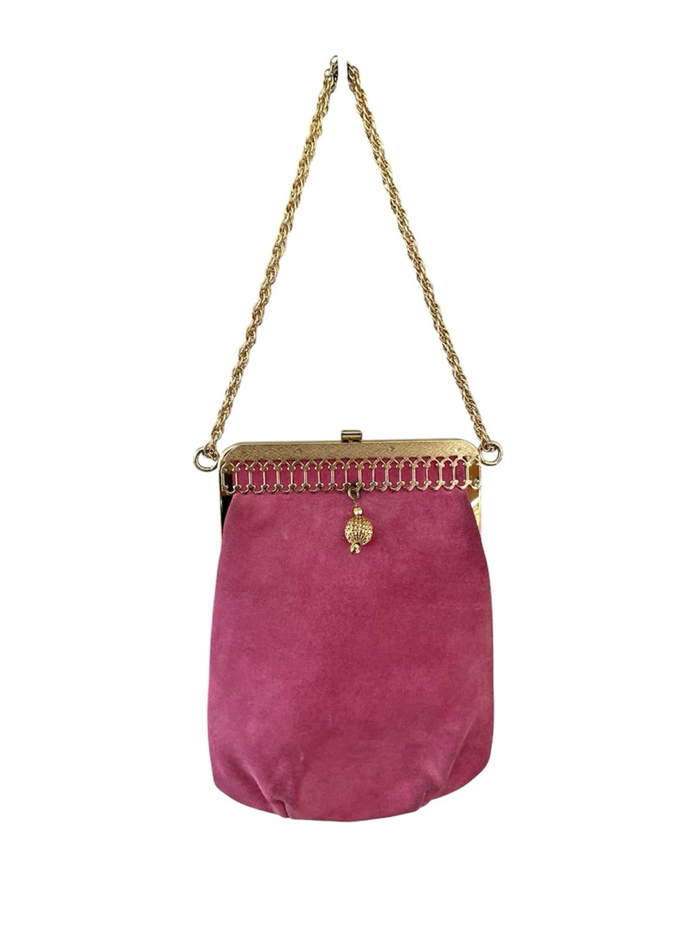Vintage Triangle New York Pink Suede Leather Frame Evening Bag Gold Chain Purse